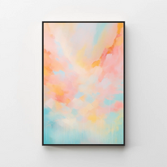 Abstrakt pastellmålning i mjuk rosa, himmelsblå, persika och gyllene gult med molnliknande penseldrag, inramad i svart på vit vägg – Dreamy Pastels No. 13 av Scandart Studios