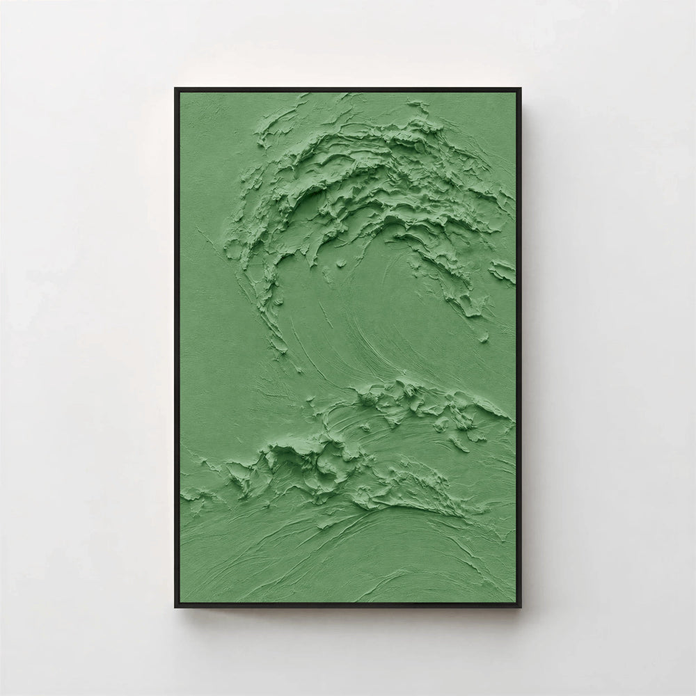 Creme No. 5 Green — forest green textured wave canvas print in a black gallery frame on a pale wall