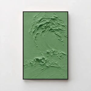 Creme No. 5 Green — forest green textured wave canvas print in a black gallery frame on a pale wall