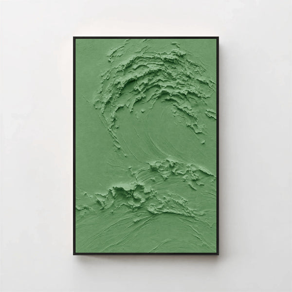 Creme No. 5 Green — forest green textured wave canvas print in a black gallery frame on a pale wall