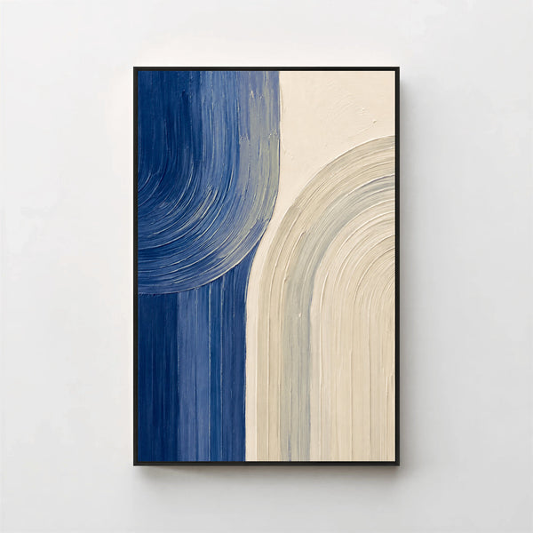 Creme No. 7 Blue — deep blue arcs canvas print in a black gallery frame on a pale wall