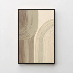 Creme No. 7 Greige — tone-on-tone greige arcs canvas print in a black gallery frame on a pale wall