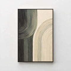 Creme No. 7 Noir — black and stone arcs canvas print in a black gallery frame on a pale wall