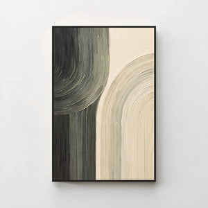 Creme No. 7 Noir — black and stone arcs canvas print in a black gallery frame on a pale wall