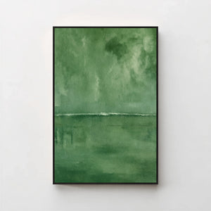 Harmonic Minimalism No. 27 Green — forest green seascape canvas print in a black gallery frame on a pale wall