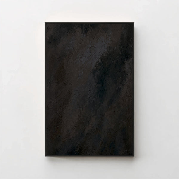 Harmonic Minimalism No. 1 Noir — dark charcoal gradient canvas print in a black gallery frame on a pale wall