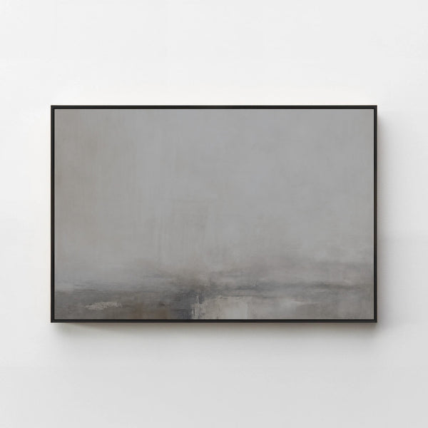 Harmonic Minimalism No. 31 Graphite — grey horizontal landscape canvas print in a black gallery frame on a pale wall