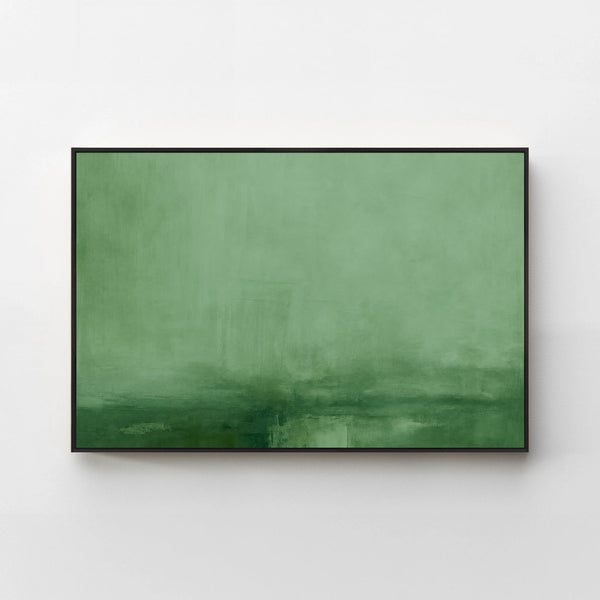 Harmonic Minimalism No. 31 Green — forest green horizontal landscape canvas print in a black gallery frame on a pale wall
