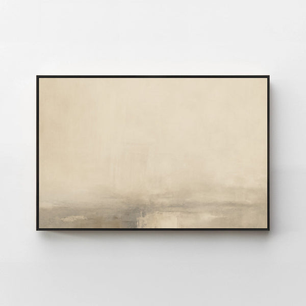 Harmonic Minimalism No. 31 Greige — warm greige horizontal landscape canvas print in a black gallery frame on a pale wall