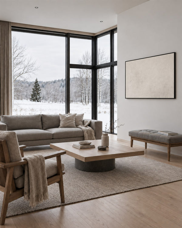 Minimal Expressions No. 15 in a Scandinavian living room with a winter view