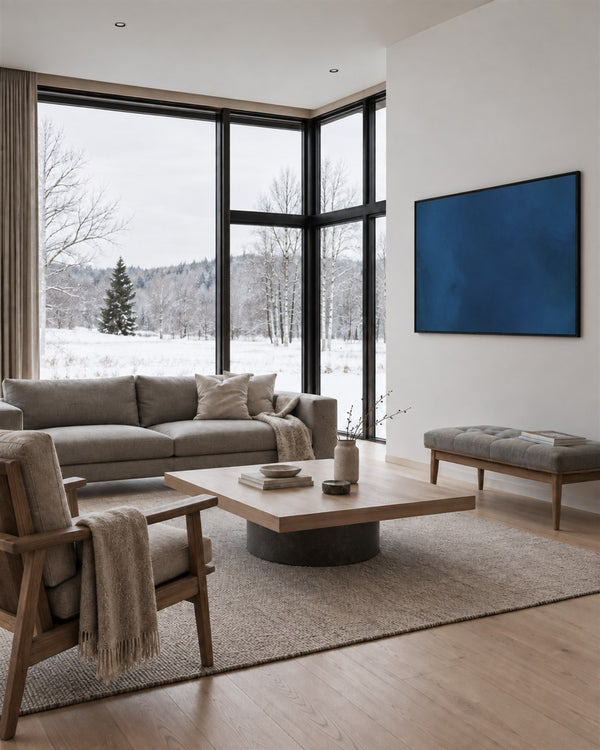 Minimal Expressions No. 16 in a Scandinavian living room with a winter view