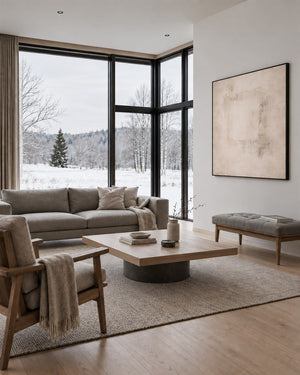 Minimal Expressions No. 20 in a Scandinavian living room with a winter view