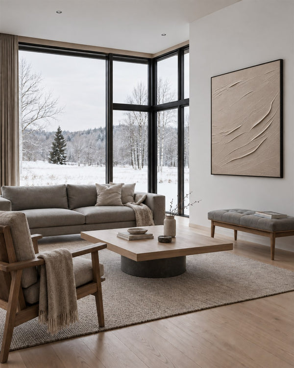 Minimal Expressions No. 3 in a Scandinavian living room with a winter view