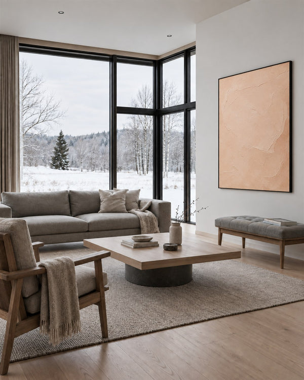 Minimal Expressions No. 8 in a Scandinavian living room with a winter view