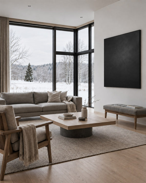 Minimal Expressions No. 9 in a Scandinavian living room with a winter view
